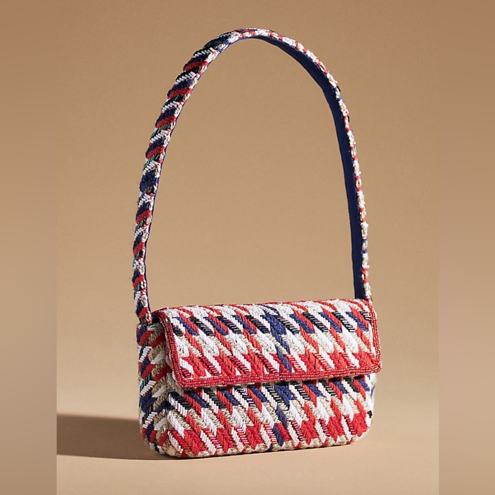 Anthropologie The Fiona Beaded Bag: Icon Edition Red White Blue Houndstooth